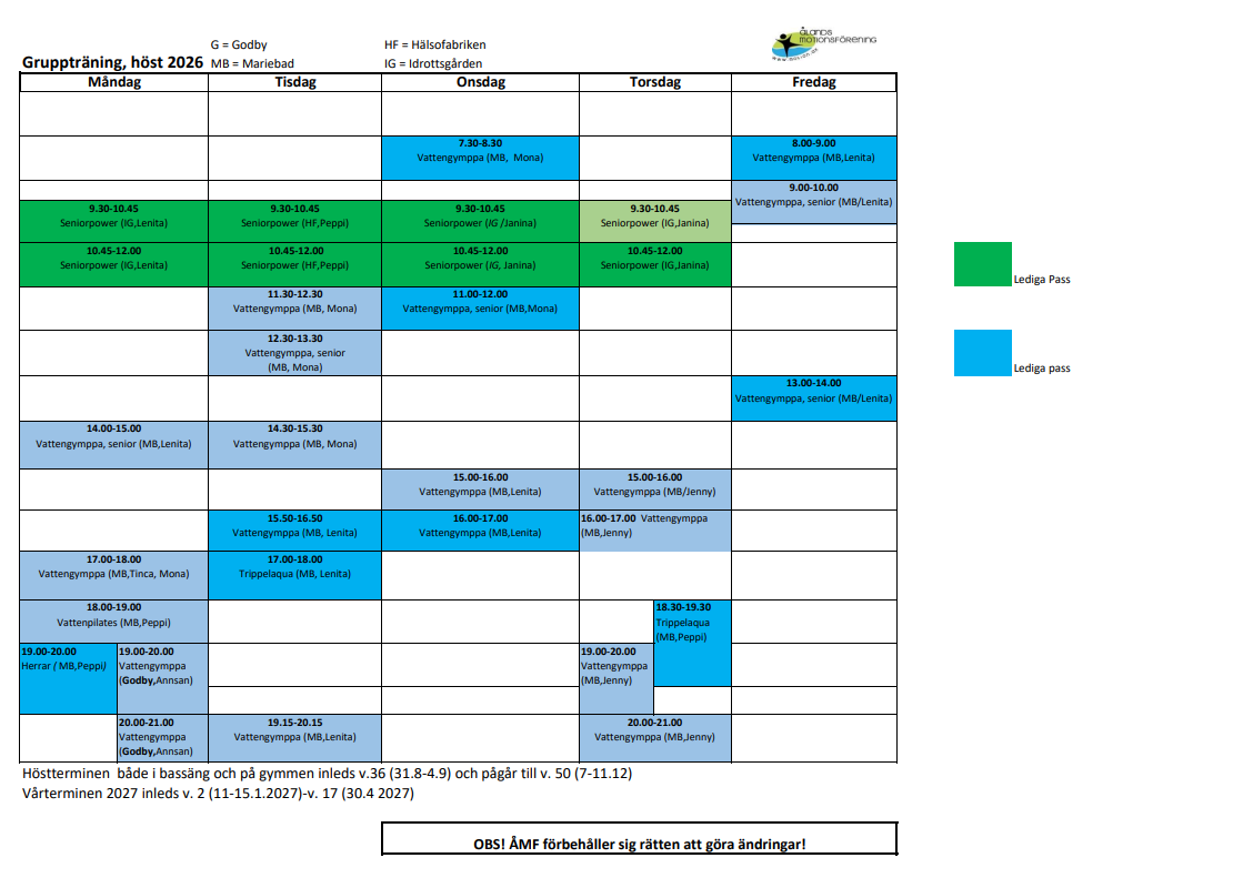 Schema 2026, lediga tider